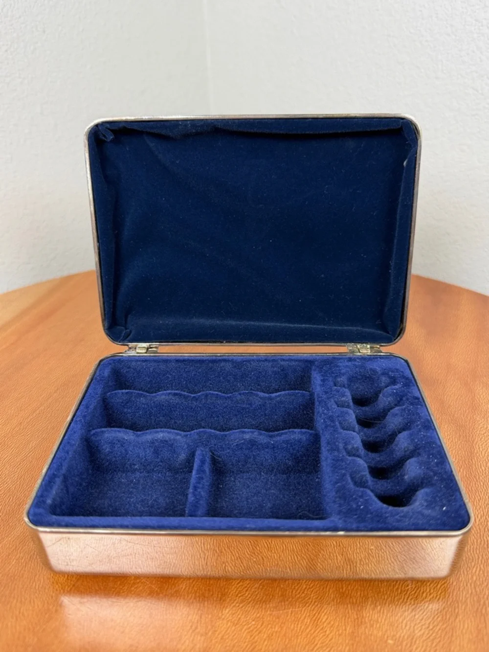 Vintage Silver Plated Jewelry Box w/ Gold Colored Bow Blue Velvet Lined